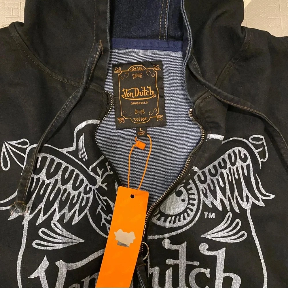 Von Dutch vintage retro washed denim jean hoodie jacket coat large
